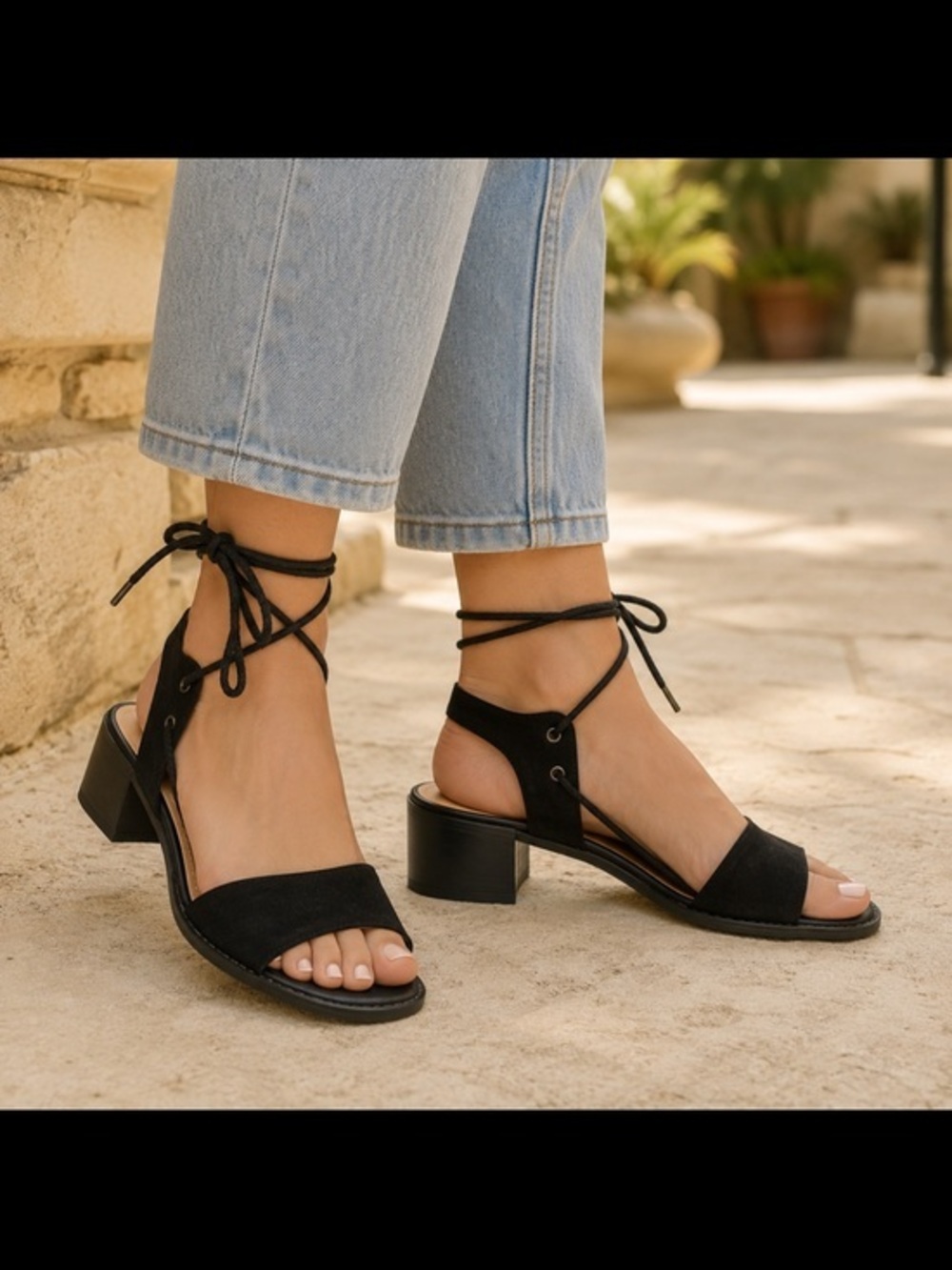 Esprit Black Lace-Up Ankle Tie Block Heel Sandals Women’s Size 9.5